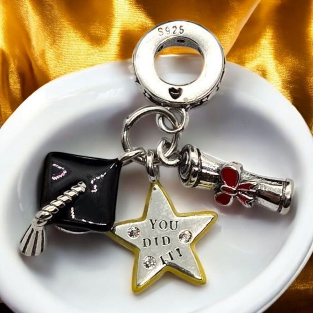 Graduation Charm S925 Sterling Silver Diploma Star Dangle Bracelet Graduate Gift